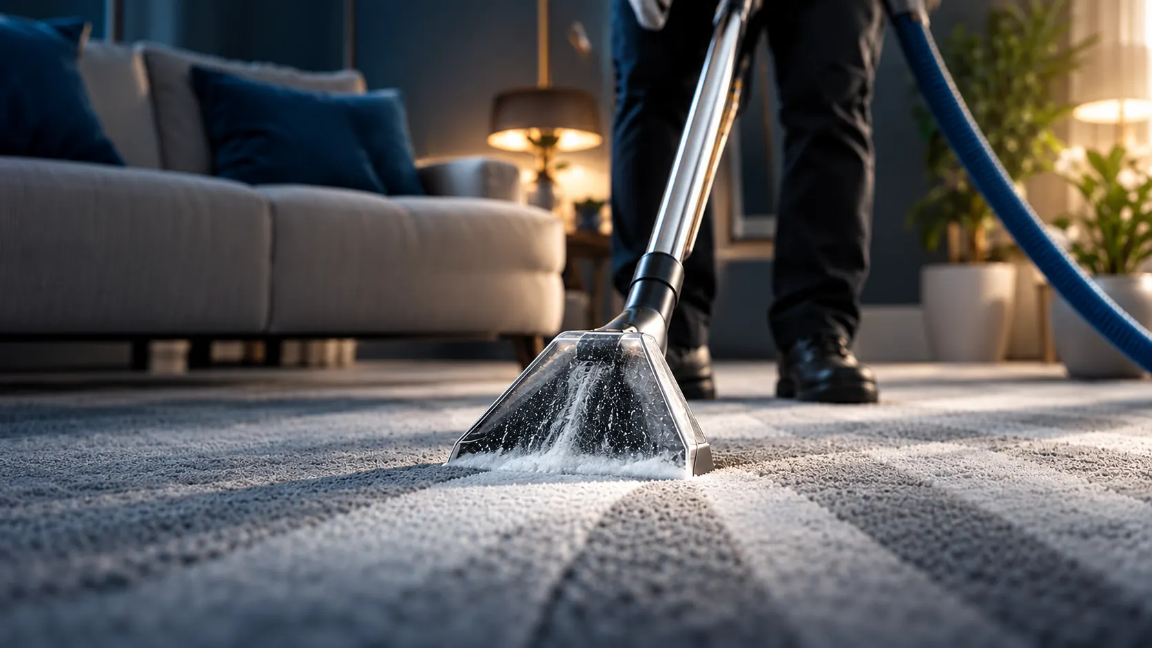 Technician carrying out hot water extraction carpet cleaning in a Coventry living room